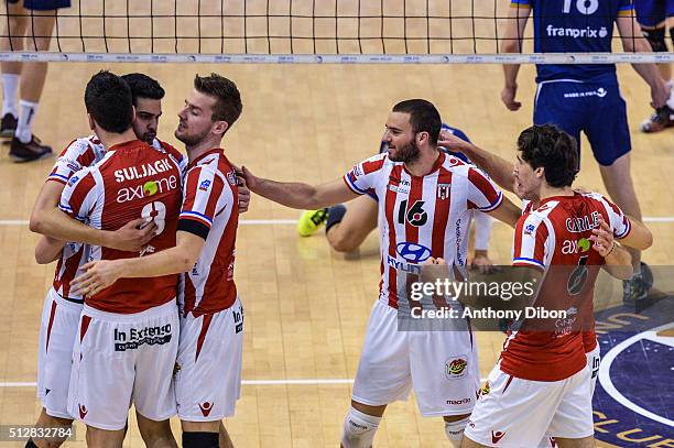 Team of Cannes during the French Ligue A match between Paris Volley v Cannes at Salle Pierre Charpy on February 27, 2016 in Paris, France.