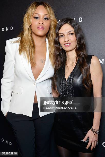 Rapper Eve and Alessandra Moschillo are seen backstage ahead of the Richmond show during Milan Fashion Week Fall/Winter 2016/17 on February 28, 2016...