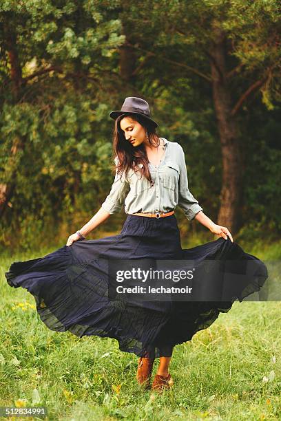 gypsy summer fashion - long skirt stock pictures, royalty-free photos & images