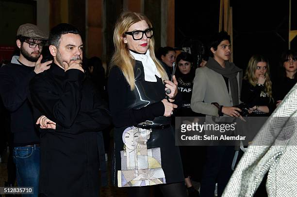 Designer Alberto Zambelli and guest are seen backstage ahead of the Alberto Zambelli show during Milan Fashion Week Fall/Winter 2016/17 on February...