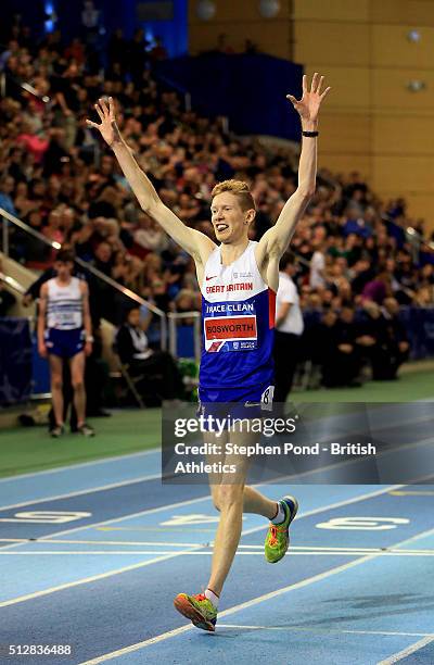 Tom Bosworth of Great Britain celebrates victory with a new British Record in the mens 3000m race walk during day two of the Indoor British...