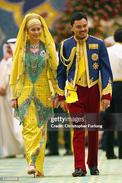 The Crown prince of Brunei and his new wife attend the Majlis Istiadat Persantapan Pengantin Diraja following the wedding of His Royal Highness...