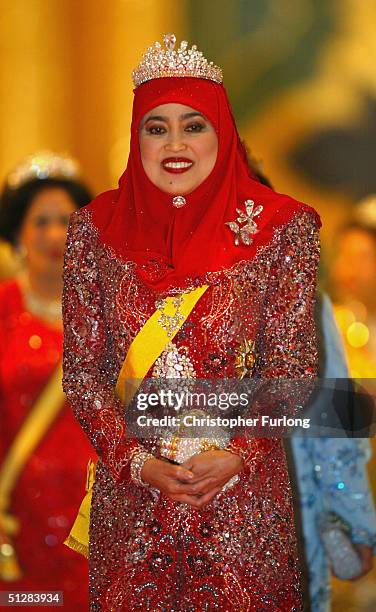 The Queen of Brunei attends the Majlis Istiadat Persantapan Pengantin Diraja following the wedding of His Royal Highness Crown Prince Al-Muhtadee...