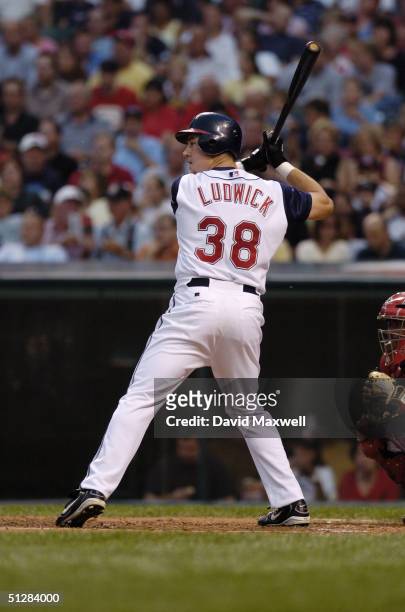 Ryan Ludwick of the Cleveland Indians stands ready at bat during the game against the Anaheim Angels on September 4, 2004 at Jacobs Field in...