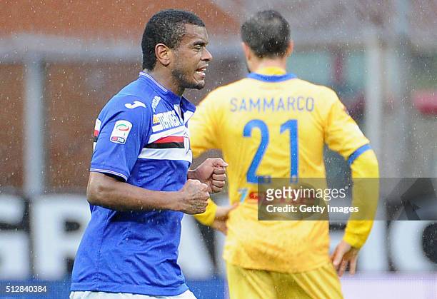 Lucas Martins Fernando of UC Sampdoria celebrates after scoring the opening goal during the Serie A match between UC Sampdoria and Frosinone Calcio...
