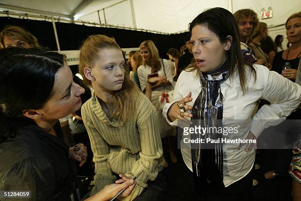 Designer Alice Roi stands backstage during the Alice Roi Alice Roi Spring 2005 collection show at Olympus Fashion Week in Bryant Park September 10,...
