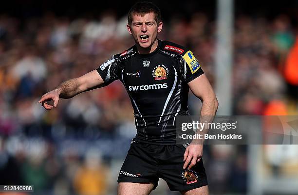 Gareth Steenson of Exeter in action during the Aviva Premiership match between Exeter Chiefs and Bath Rugby at Sandy Park on February 28, 2016 in...