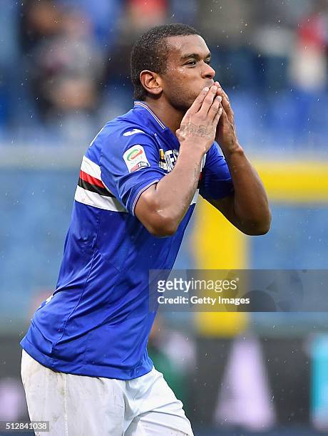 Lucas Martins Fernando of UC Sampdoria celebrates after scoring the opening goal during the Serie A match between UC Sampdoria and Frosinone Calcio...