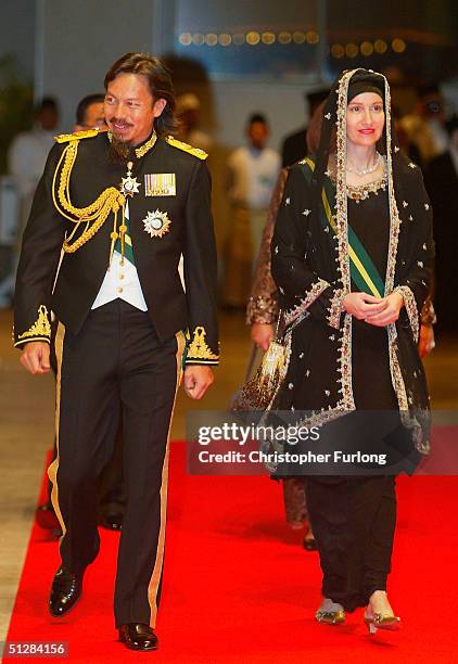 Prince Azman Shah of Perak and his wife Noraini Shah attend the Majlis Istiadat Persantapan Pengantin Diraja following the wedding of His Royal...