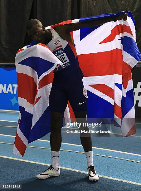 Nigel Levine celebrates winning the Mens 400m Final during day two of the Indoor British Championships at English Institute of Sport on February 28,...