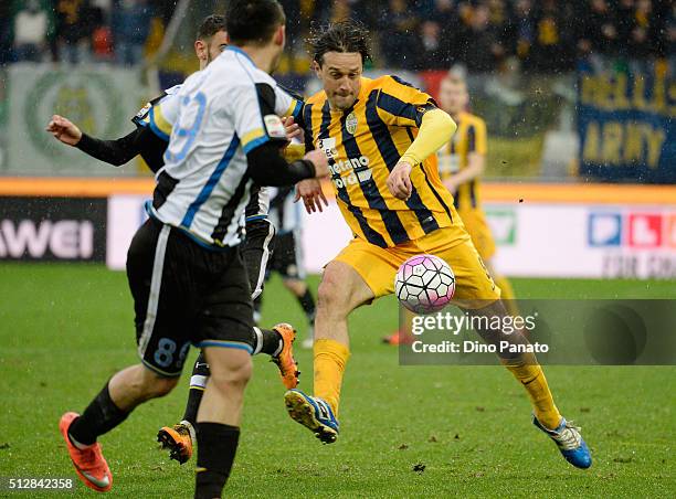Luca Toni of Hellas Verona in action during the Serie A match between Udinese Calcio and Hellas Verona FC at Stadio Friuli on February 28, 2016 in...