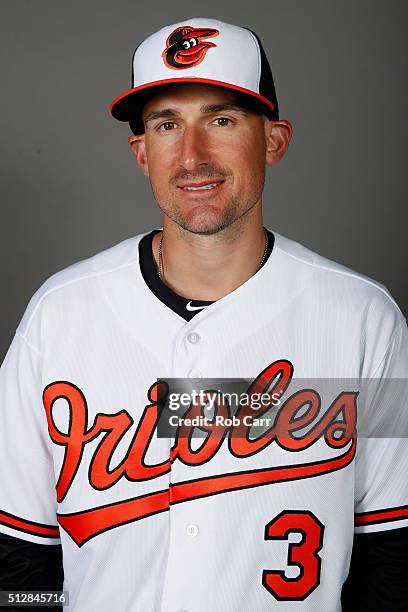 Ryan Flaherty of the Baltimore Orioles poses during photo day at Ed Smith Stadium on February 28, 2016 in Sarasota, Florida.