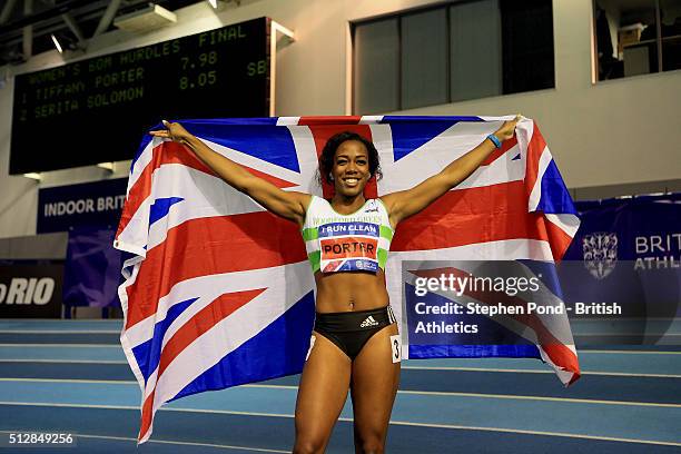 Tiffany Porter of Great Britain celebrates winning the womens 60m hurdles during day two of the Indoor British Championships at the English Institute...