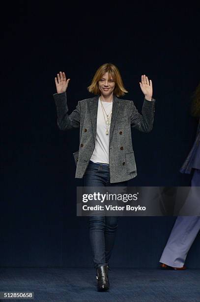 Designer Gaia Trussardi acknowledges the audience at the end of the Trussardi show during Milan Fashion Week Fall/Winter 2016/17 on February 28, 2016...