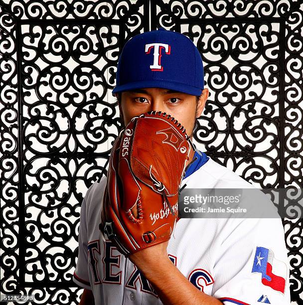 Pitcher Yu Darvish of the Texas Rangers poses during a spring training photo shoot on February 28, 2016 in Surprise, Arizona.