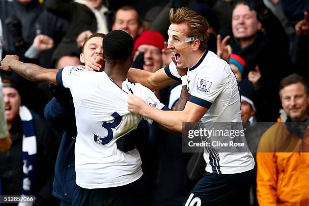 Danny Rose is congratulated by Harry Kane after his goal during the Barclays Premier League match between Tottenham Hotspur and Swansea City at White...