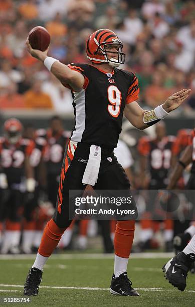 Carson Palmer of the Cincinnati Bengals passes against the Indianapolis Colts during the preseason NFL game at Paul Brown Stadium on September 3,...