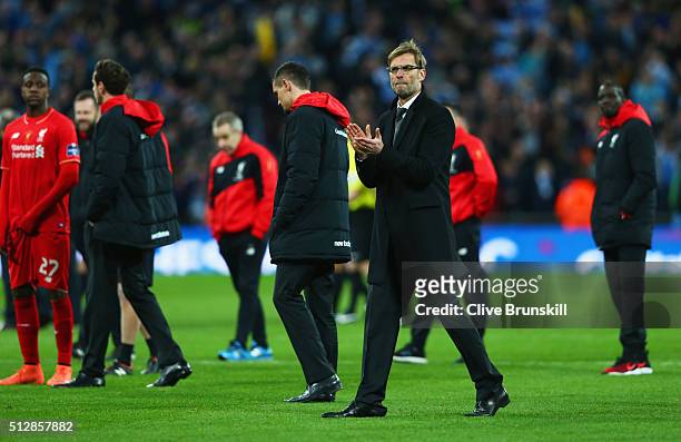 Jurgen Klopp, manager of Liverpool looks dejected in defeat after the Capital One Cup Final match between Liverpool and Manchester City at Wembley...