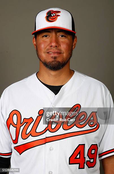 Yovani Gallardo of the Baltimore Orioles poses during photo day at Ed Smith Stadium on February 28, 2016 in Sarasota, Florida.