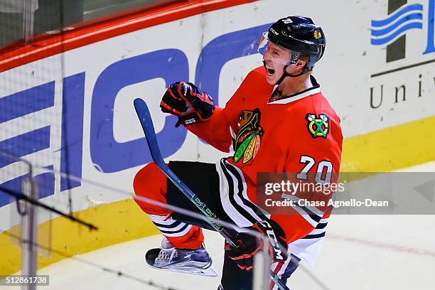 Dennis Rasmussen of the Chicago Blackhawks reacts after scoring in the third period of the NHL game against the Washington Capitals at the United...