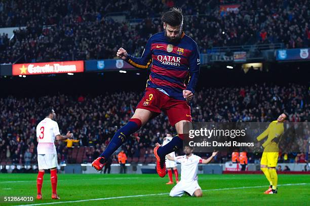 Gerard Pique of FC Barcelona celebrates after scoring his team's second goal during the La Liga match between FC Barcelona and Sevilla FC at Camp Nou...