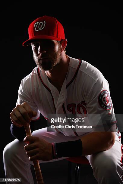 Bryce Harper of the Washington Nationals poses for a portrait at Spring Training photo day at Space Coast Stadium on February 28, 2016 in Viera,...