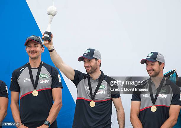 Land Rover BAR led by Ben Ainslie celebrate winning The Louis Vuitton Americas Cup World Series on February 28, 2016 in Muscat, Oman.