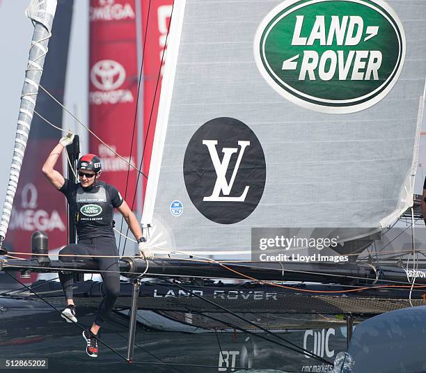 Land Rover BAR bowman and tactician Giles Scott shown her in a action whilst racing in The Louis Vuitton Americas Cup World Series on February 28,...