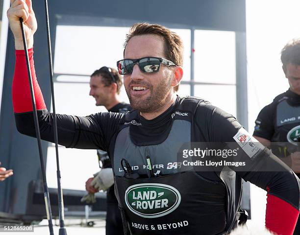 The Land Rover BAR skipper Ben Ainslie celebrates after winning The Louis Vuitton Americas Cup World Series on February 28, 2016 in Muscat, Oman.
