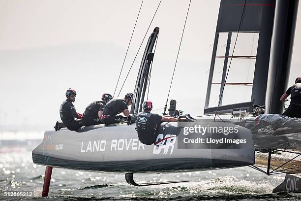 The Land Rover BAR foiling AC45 catamaran Skippered by Ben Ainslie in action and winning The Louis Vuitton Americas Cup World Series on February 28,...