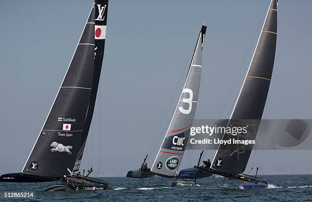 The Land Rover BAR foiling AC45 catamaran Skippered by Ben Ainslie in action and winning The Louis Vuitton Americas Cup World Series on February 28,...