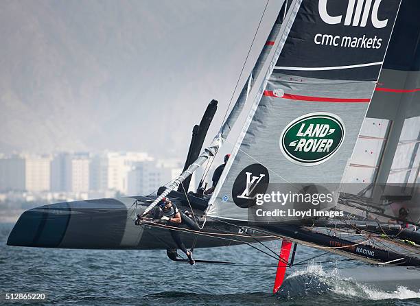 The Land Rover BAR foiling AC45 catamaran Skippered by Ben Ainslie in action and winning The Louis Vuitton Americas Cup World Series on February 28,...