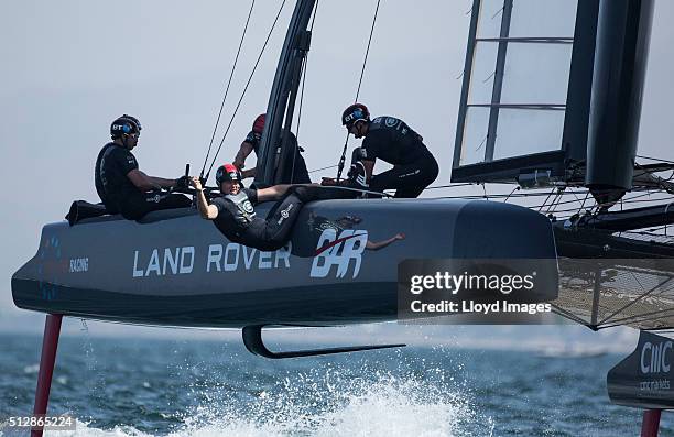 The Land Rover BAR foiling AC45 catamaran Skippered by Ben Ainslie in action and winning The Louis Vuitton Americas Cup World Series on February 28,...