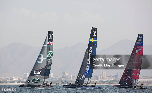 The Land Rover BAR foiling AC45 catamaran Skippered by Ben Ainslie in action and winning The Louis Vuitton Americas Cup World Series on February 28,...