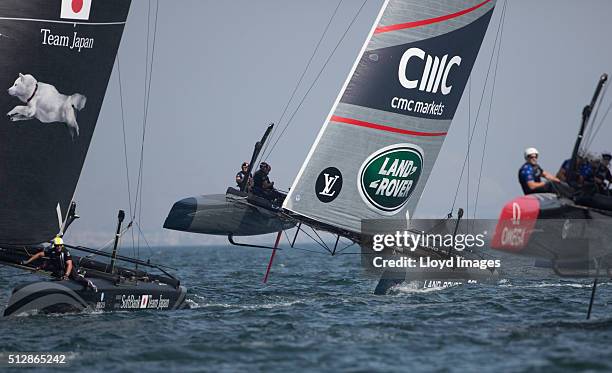 The Land Rover BAR foiling AC45 catamaran Skippered by Ben Ainslie in action and winning The Louis Vuitton Americas Cup World Series on February 28,...