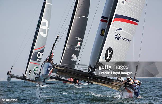 Team France Groupama skippered by Adam Minoprio in action during The Louis Vuitton Americas Cup World Series on February 28, 2016 in Muscat, Oman.
