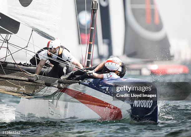 Team France Groupama skippered by Adam Minoprio in action during The Louis Vuitton Americas Cup World Series on February 28, 2016 in Muscat, Oman.