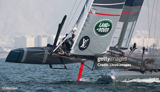 The Land Rover BAR foiling AC45 catamaran Skippered by Ben Ainslie in action and winning The Louis Vuitton Americas Cup World Series on February 28,...