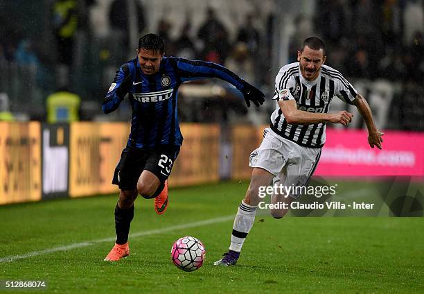 Eder of FC Internazionale and Leonardo Bonucci of Juventus compete for the ball during the Serie A match between Juventus FC and FC Internazionale...