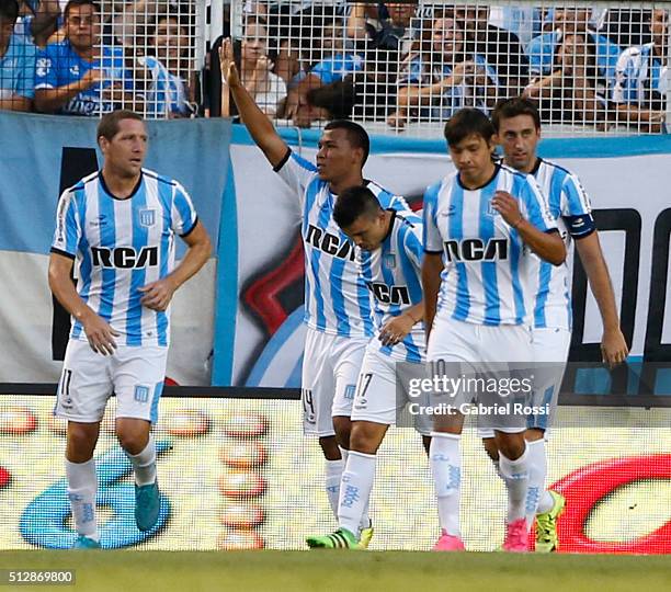 Roger Martinez of Racing Club celebrates with his teammates after scoring the first goal of his team during a fifth round match between Racing Club...