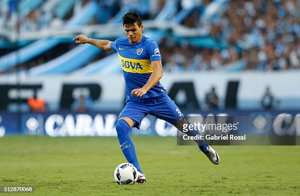 Jonathan Silva of Boca Juniors kicks the ball during a fifth round match between Racing Club and Boca Juniors as part of Torneo Transicion 2016 at...