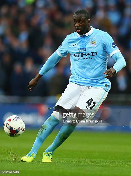 Yaya Toure of Manchester City in action during the Capital One Cup Final match between Liverpool and Manchester City at Wembley Stadium on February...