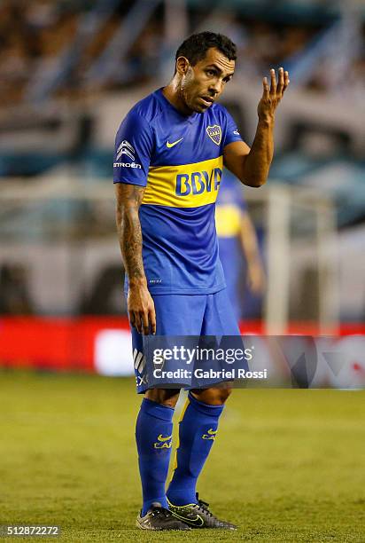 Carlos Tevez of Boca Juniors reacts during a fifth round match between Racing Club and Boca Juniors as part of Torneo Transicion 2016 at Presidente...