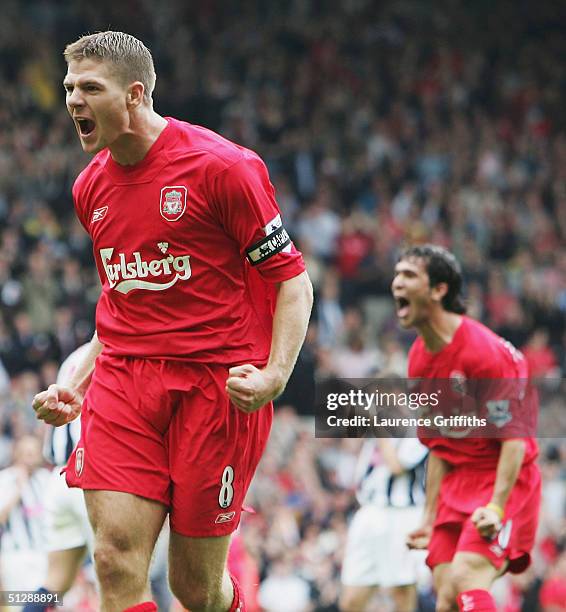 Steven Gerrard of Liverpool celebrates scoring the opening goal with Luis Garcia during the FA Barclays Premiership match between Liverpool and West...