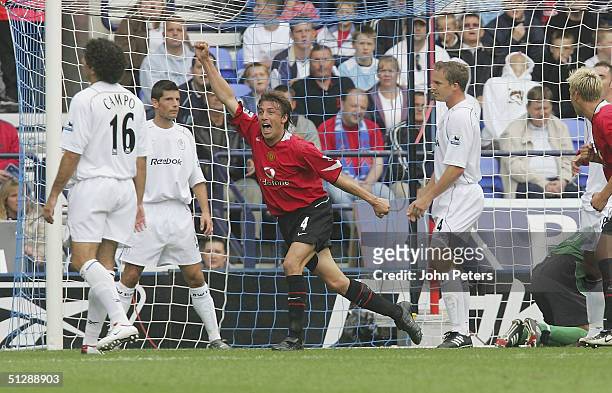 Gabriel Heinze of Manchester United celebrates scoring the first goal during the Barclays Premiership match between Bolton Wanderers and Manchester...