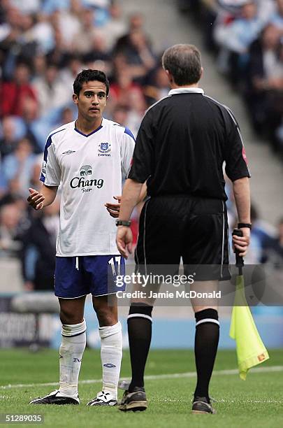 Tim Cahill of Everton is sent off after celebrating his goal during the Barclays Premiership match between Manchester City and Everton at the City of...