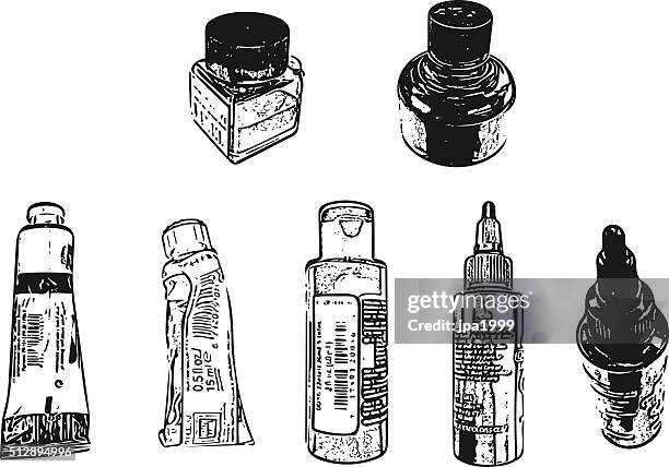 ink and paint bottles and tubes - paint tube stock illustrations