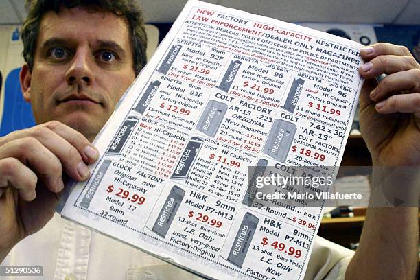 Paul Murray, manager of Shooters USA target range displays an advertisement for high-capacity magazines on September 11, 2004 in Bossier City,...