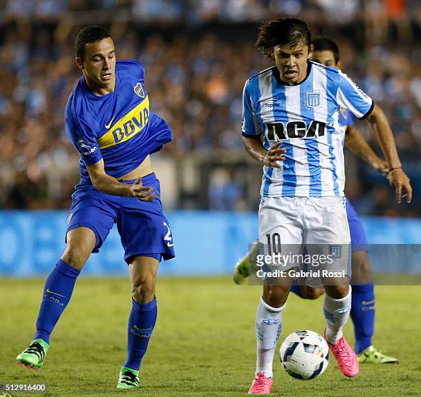 Gonzalo Martinez of River Plate drives the ball during a fifth round match between Racing Club and Boca Juniors as part of Torneo Transicion 2016 at...