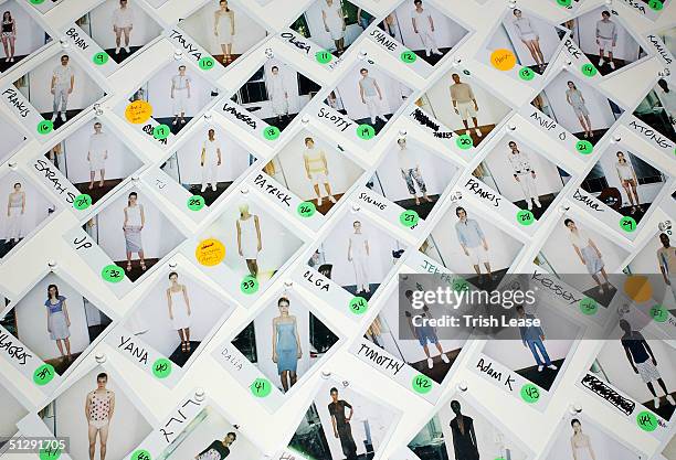 Polaroid pictures of models on display backstage at the Rachel Comey Spring 2005 fashion show held at Bryant Park during the Olympus Fashion Week...